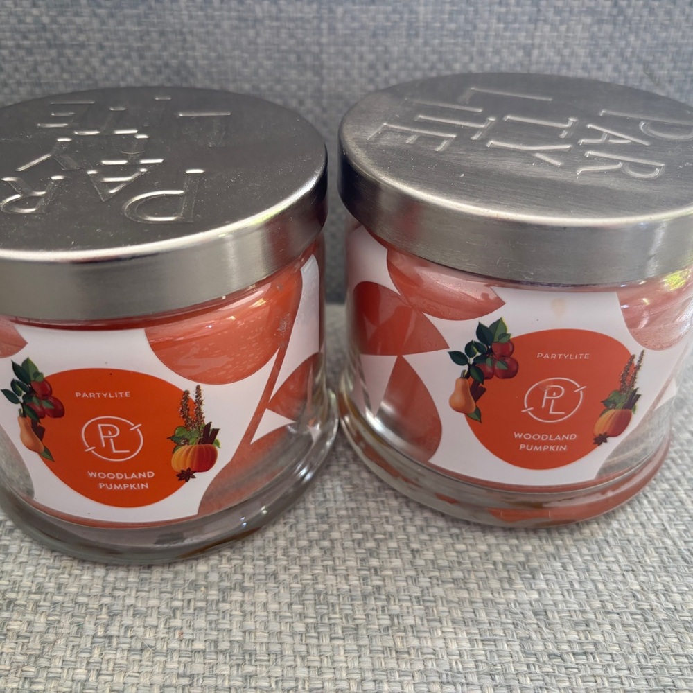 Set of 2 Partylite Woodland Pumpkin 3 wick Jar Candles with lids - BNIP.